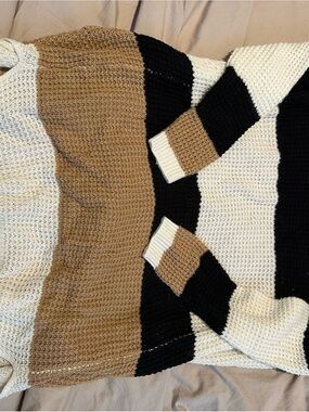 Colorblock Open-Front Women's Cardigan Sweater - Black, White & Brown